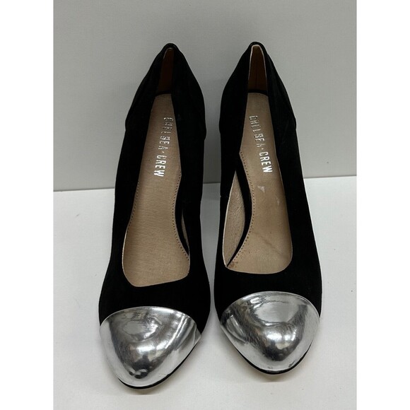 Chelsea Crew style Cappy metallic silver cap toe black suede pumps size 9 - Picture 1 of 9